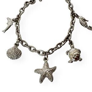 Charm Bracelet Ocean Sea Life Dangle Coastal Starfish Turtle Dolphin Silver Tone